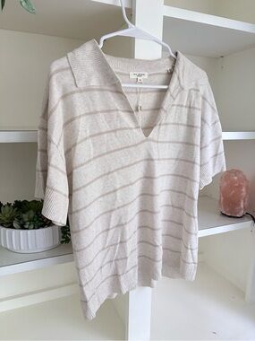 Max Studio Cream & Beige Striped Short-Sleeve Polo Knit Top